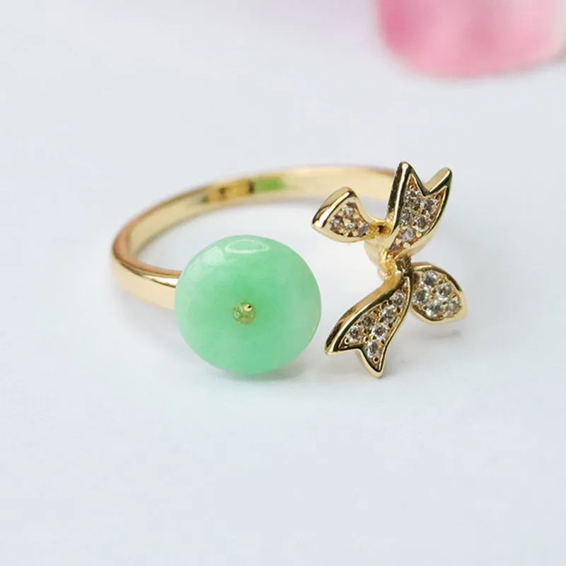 Golden Jade Ring - Adjustable Sterling Silver Green Ping An Buckle Myanmar A-grade Jade Fortune's Favor