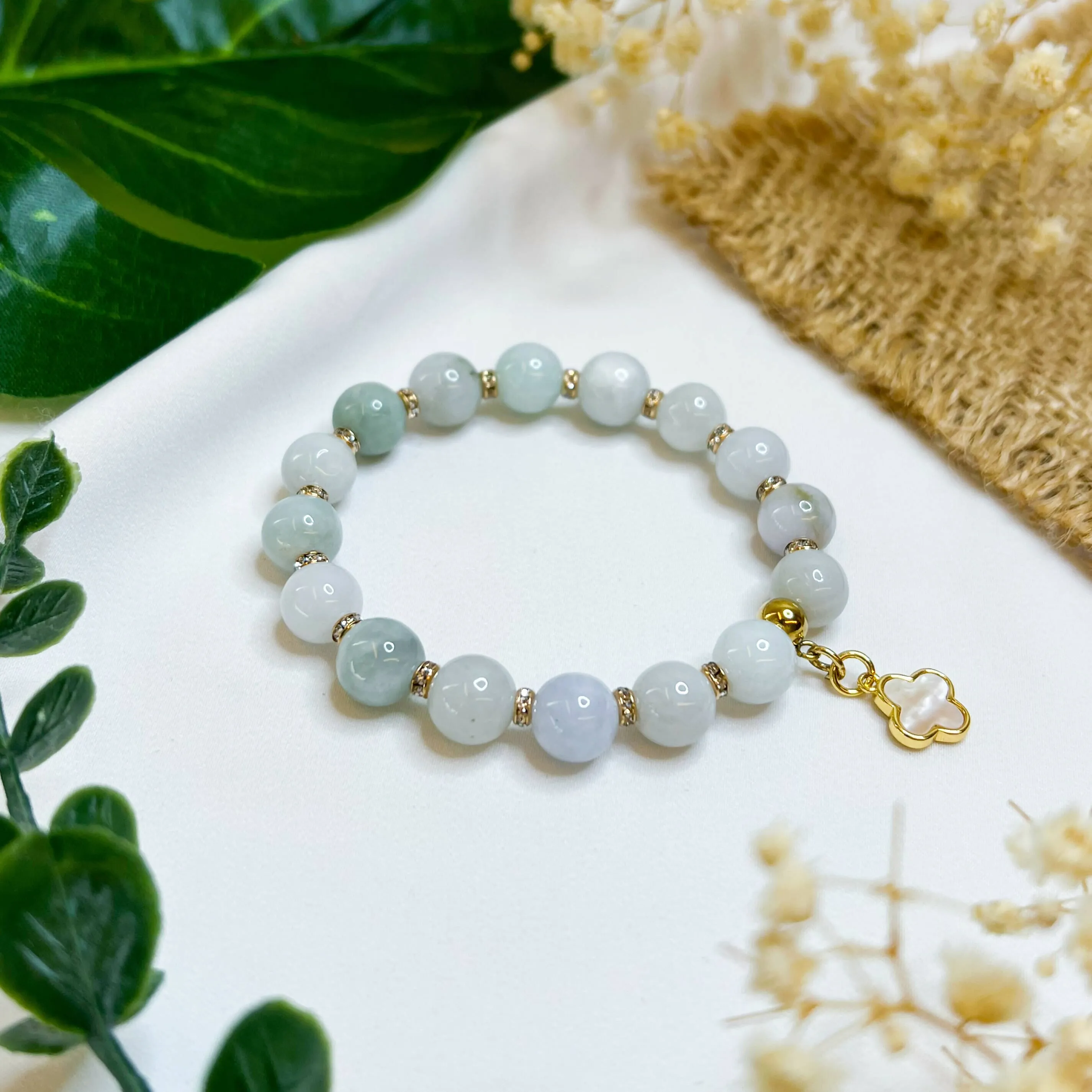 Green Jade (18k Gold Plated Clover) Crystal Bracelet