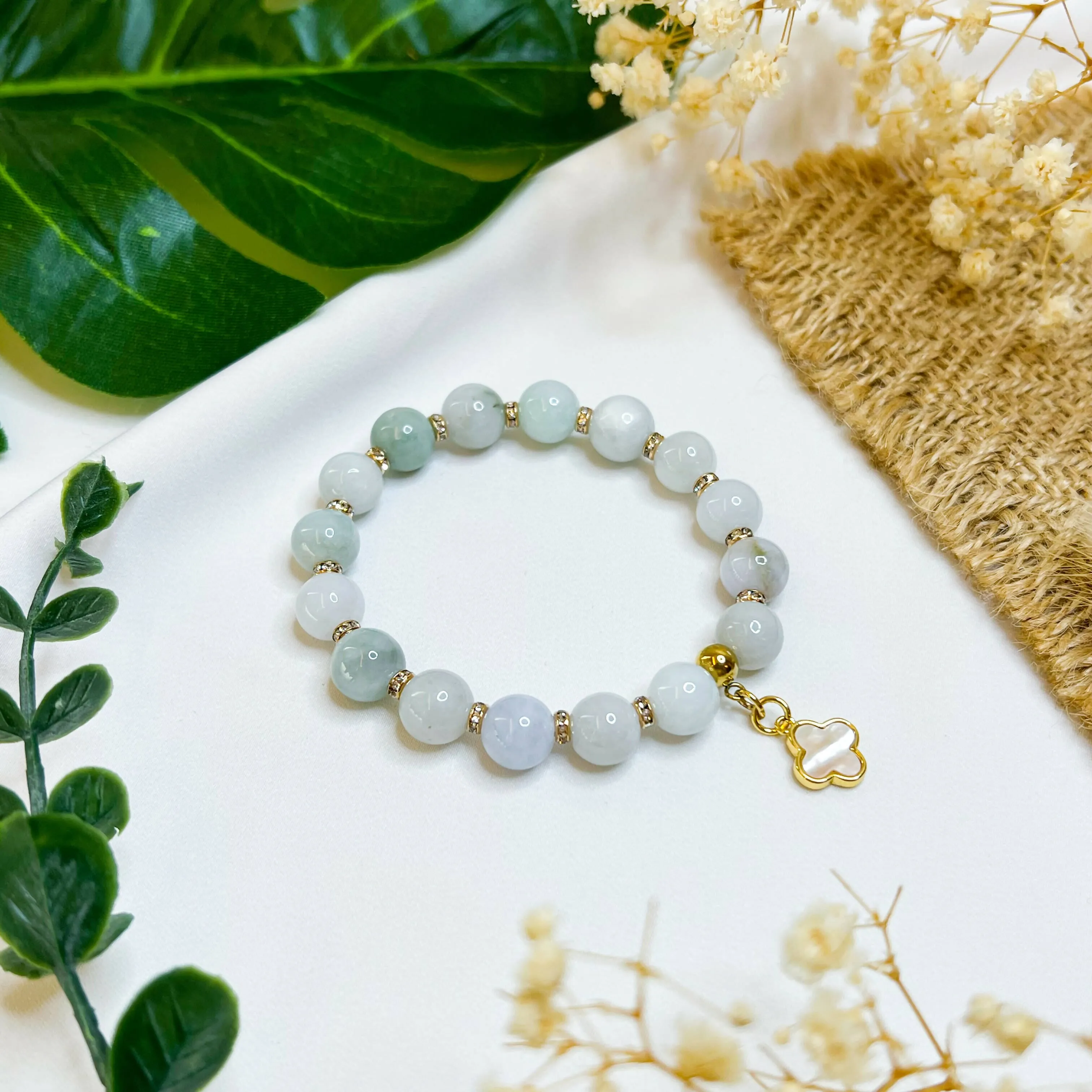 Green Jade (18k Gold Plated Clover) Crystal Bracelet