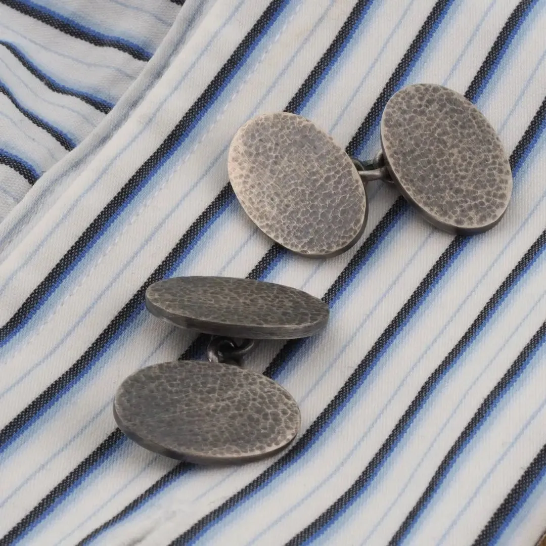 Hammered Oxidised Sterling Silver Luxury Oval Chain Cufflinks