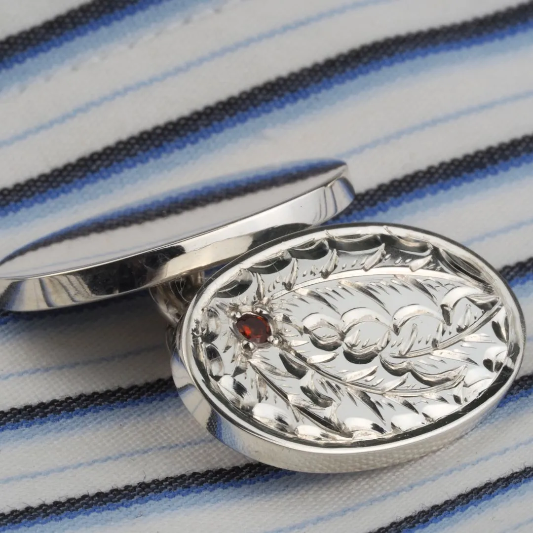 Hand Engraved Holly Garnet Luxury Oval Silver Cufflinks