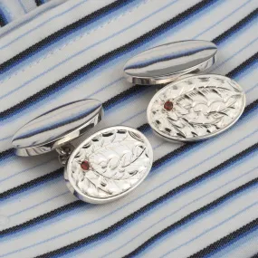 Hand Engraved Holly Garnet Luxury Oval Silver Cufflinks