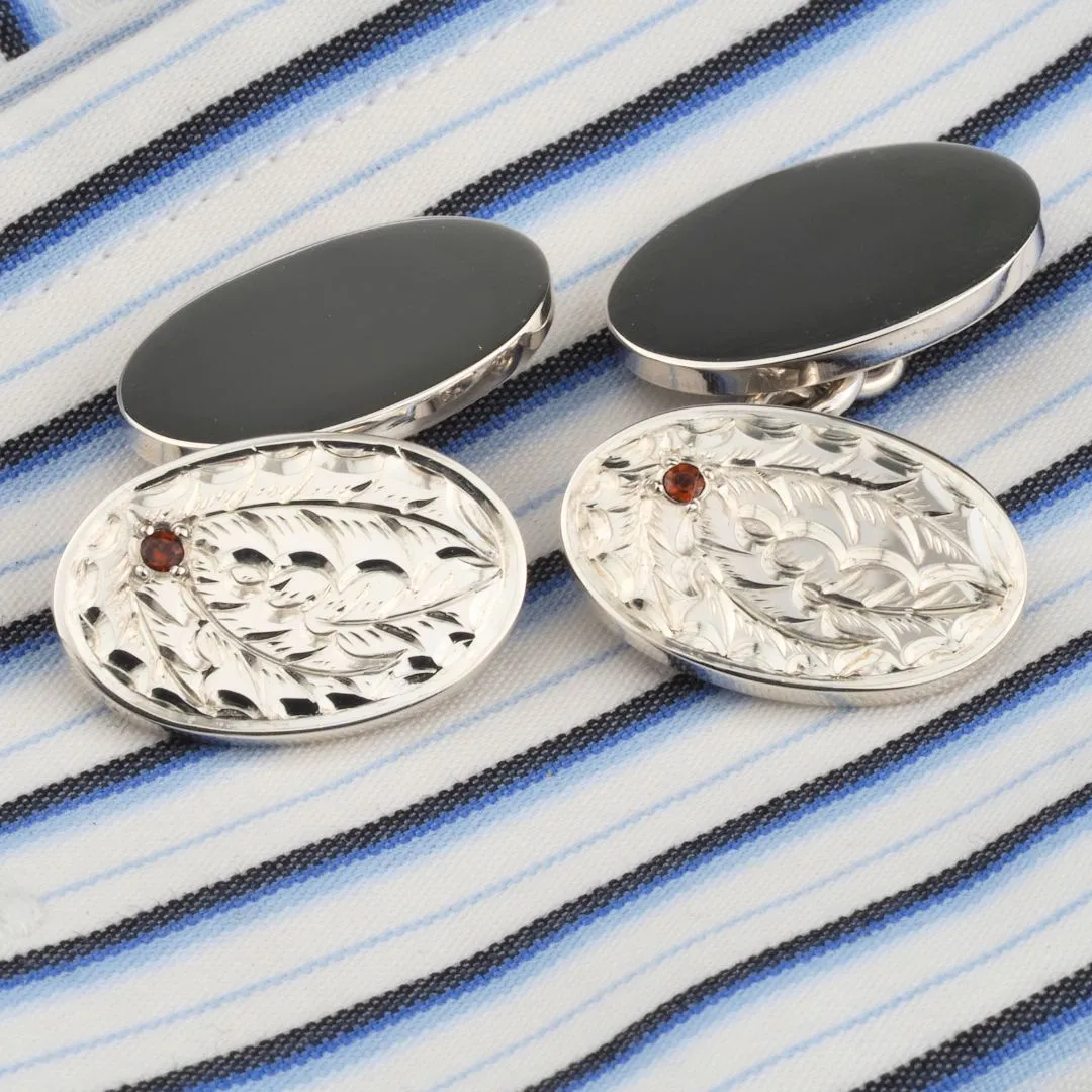 Hand Engraved Holly Garnet Luxury Oval Silver Cufflinks