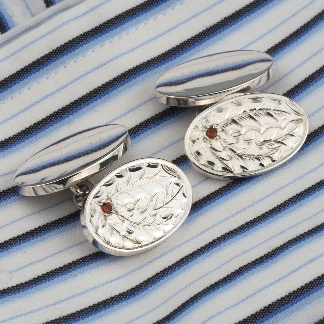 Hand Engraved Holly Garnet Luxury Oval Silver Cufflinks