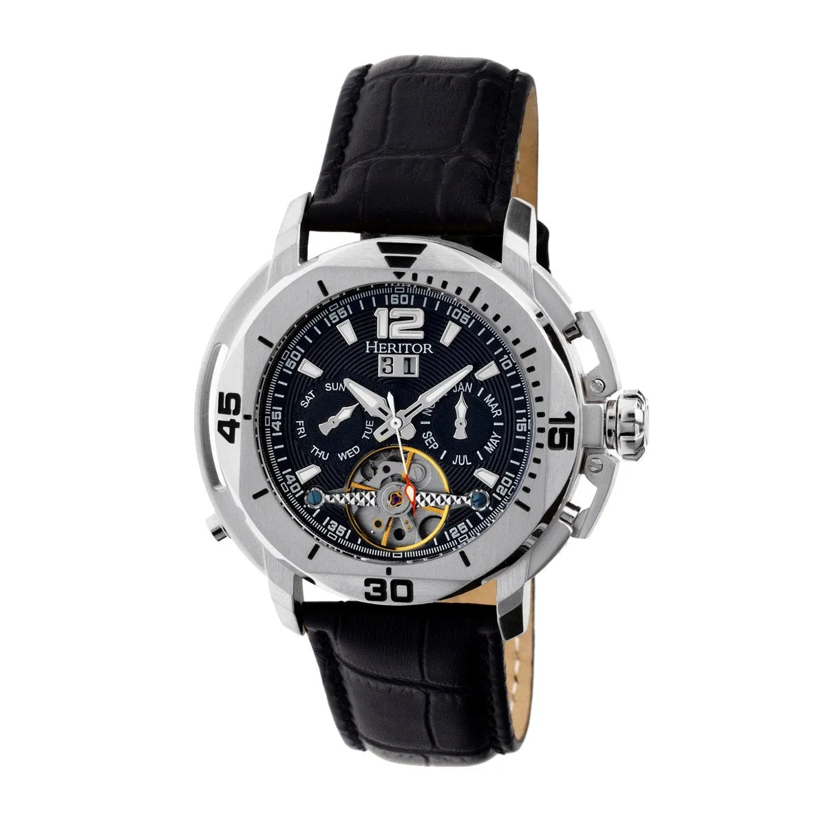 Heritor Automatic Lennon Semi-Skeleton Leather-Band Watch
