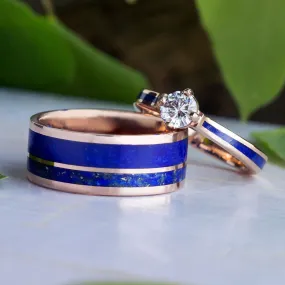 Lapis Lazuli Wedding Ring Set, Matching Wedding Band Set, Blue Rings