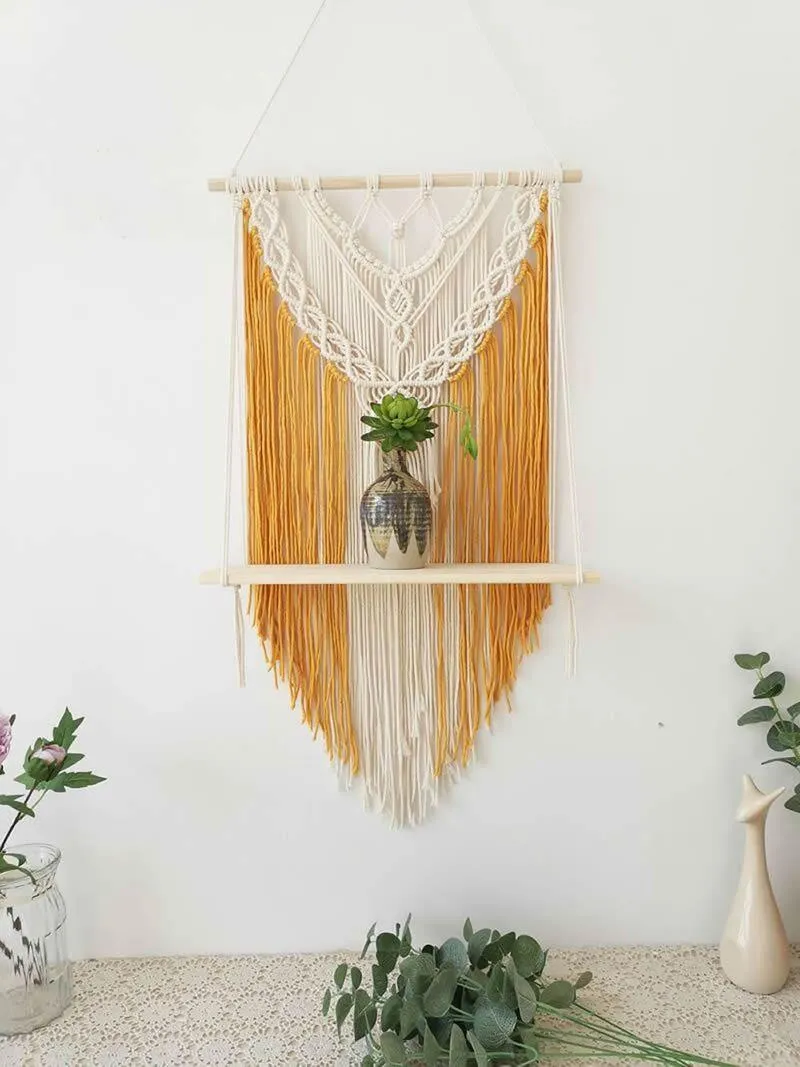 Macrame Wall Hanging Planter Wooden Floating Shelf