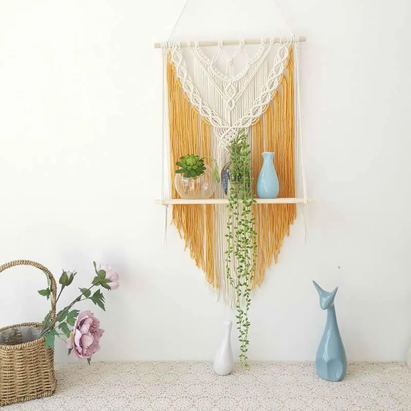 Macrame Wall Hanging Planter Wooden Floating Shelf