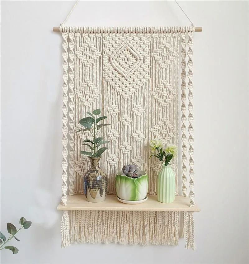 Macrame Wooden Floating Shelf Wall Hanging Planter