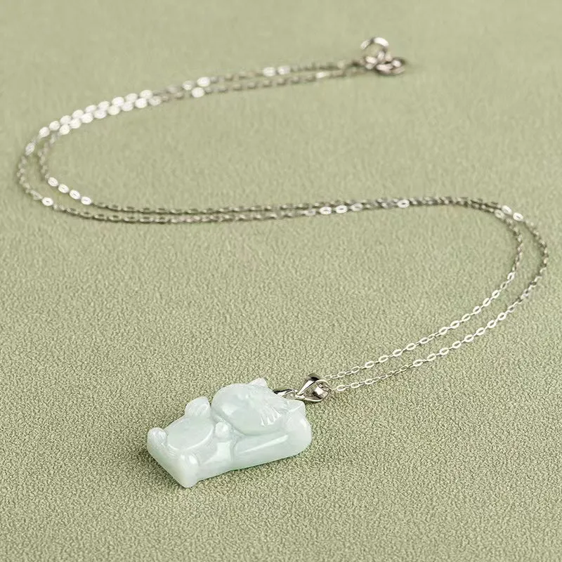 Maneki-neko White Jade Necklace-Lucky Fortune Waving Arm Cat