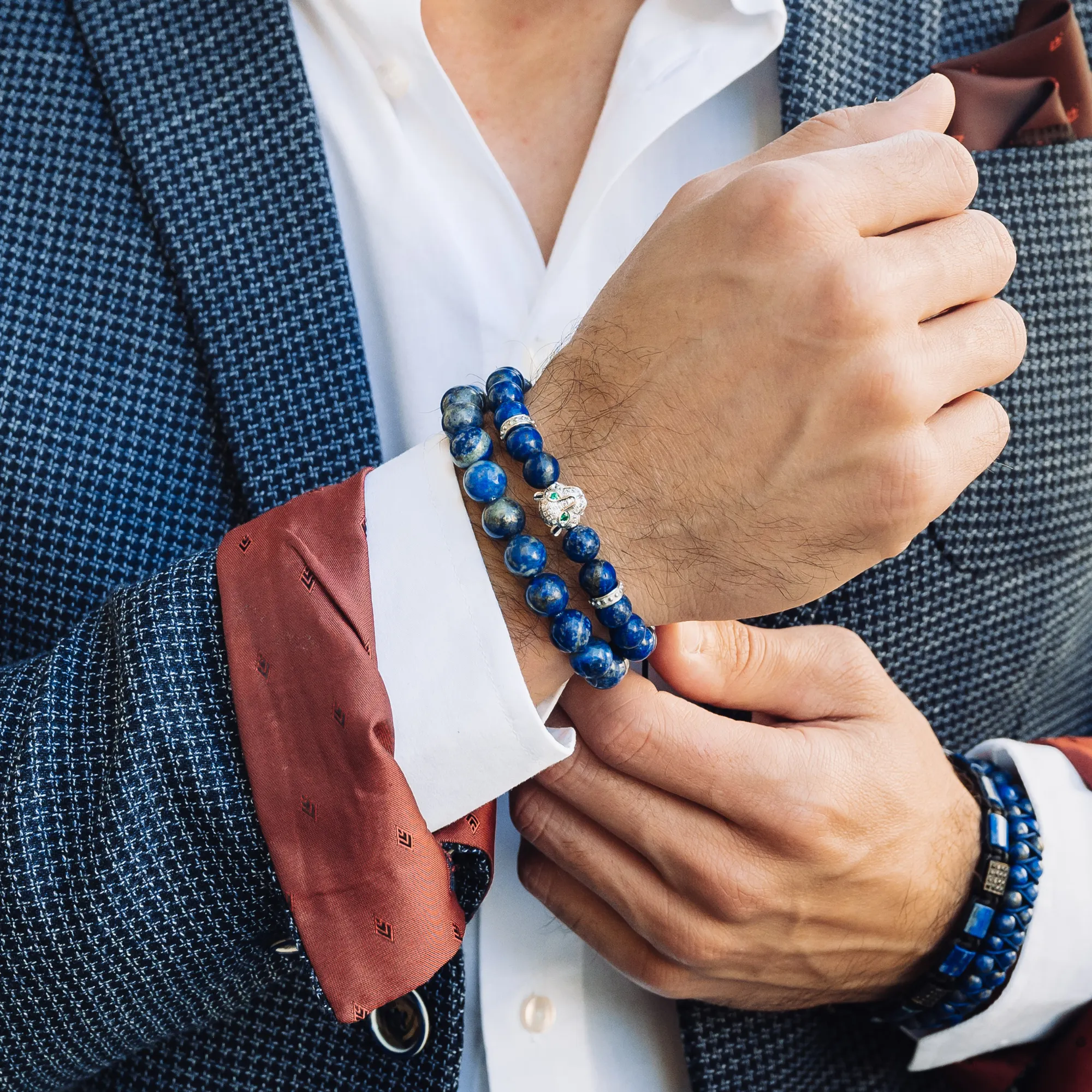 Men's LAPIS LAZULI Bracelet With Silver LEOPARD Head