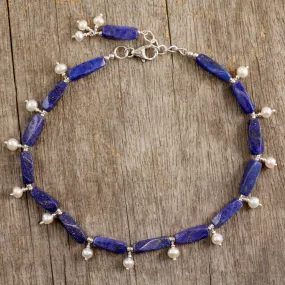 Midnight Blue Sterling Silver Lapis Lazuli and Pearl Anklet from India