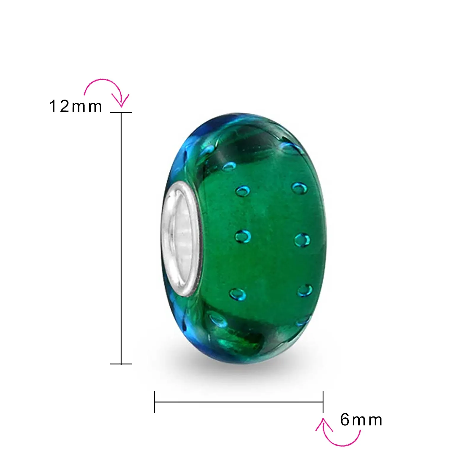Murano Glass Charm Bead Sterling Silver Core Green Pink Blue Aqua Red Ocean Spacer