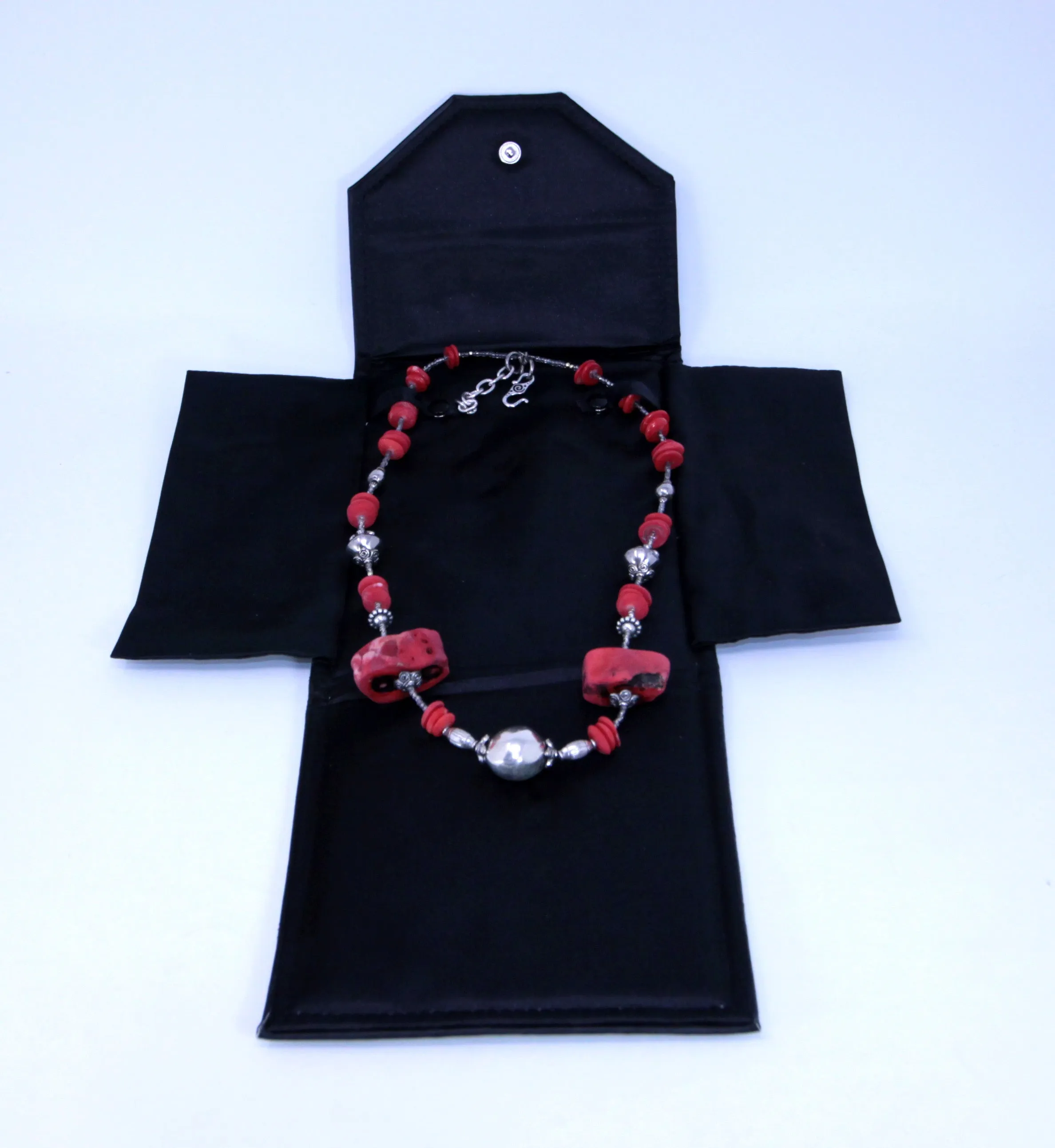 Native American Red Coral Heishi Bead with Sterling Silver Beads Necklace