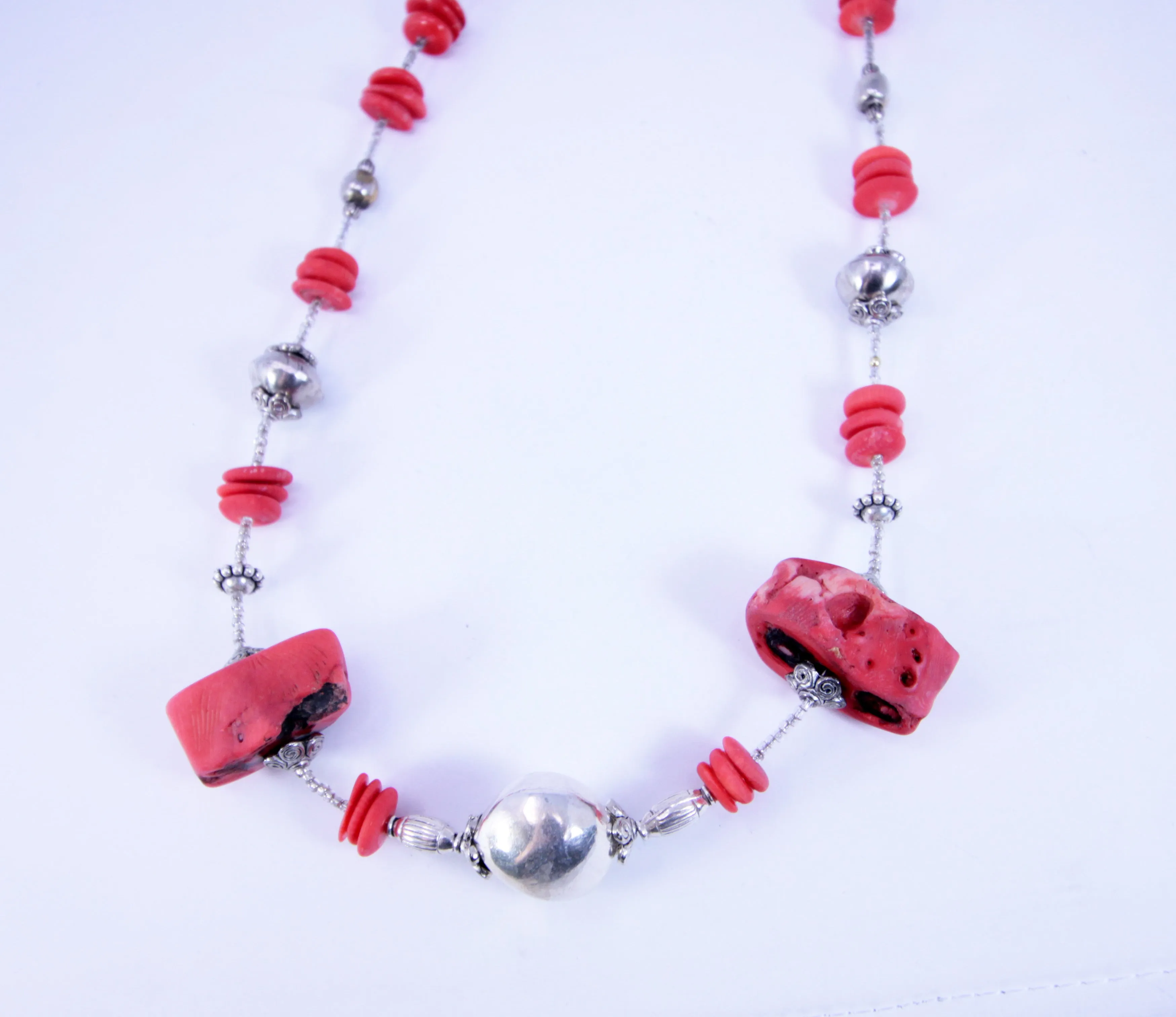 Native American Red Coral Heishi Bead with Sterling Silver Beads Necklace