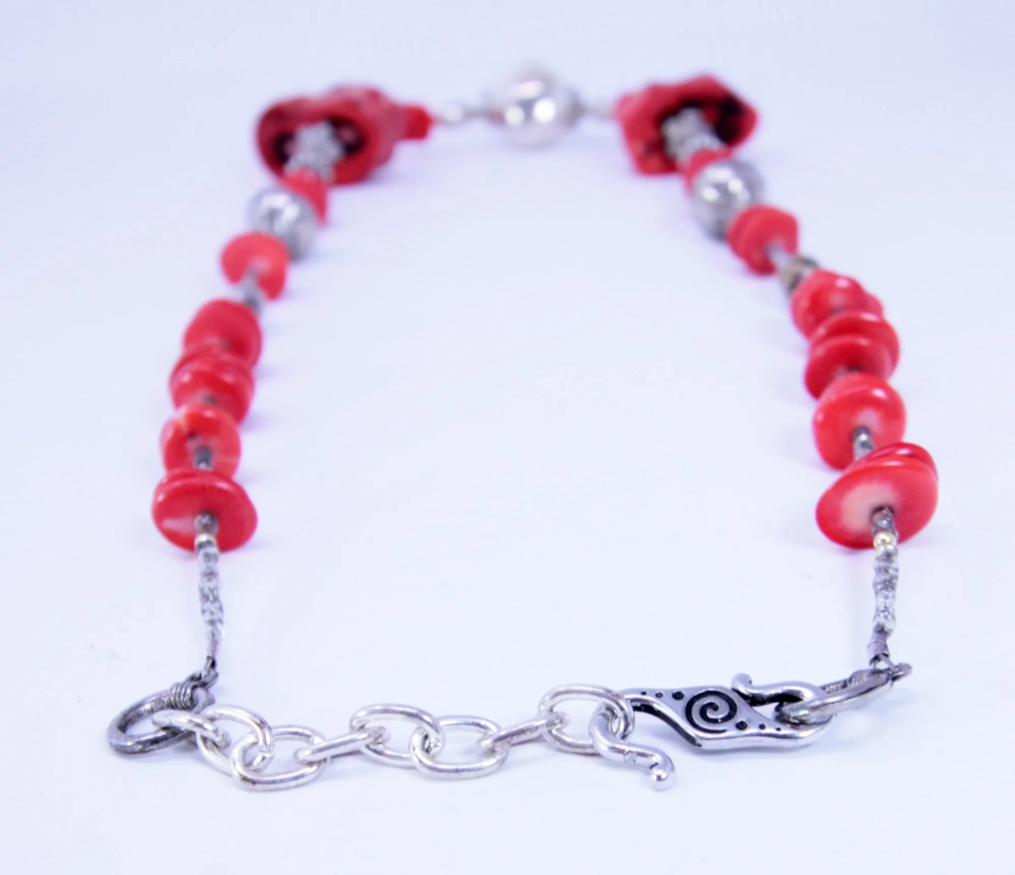 Native American Red Coral Heishi Bead with Sterling Silver Beads Necklace