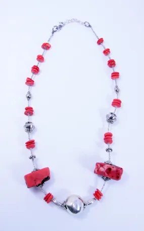 Native American Red Coral Heishi Bead with Sterling Silver Beads Necklace