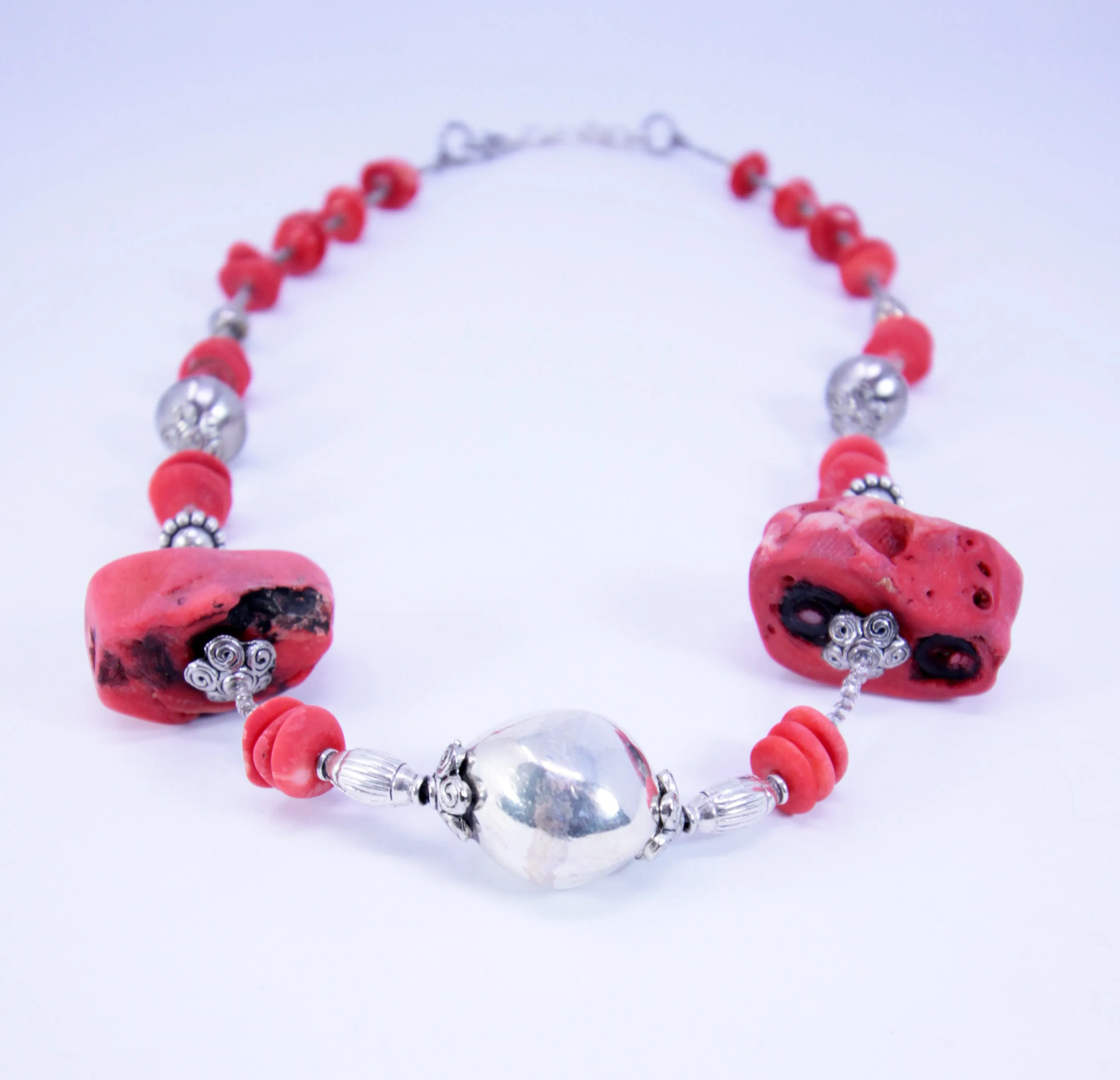 Native American Red Coral Heishi Bead with Sterling Silver Beads Necklace