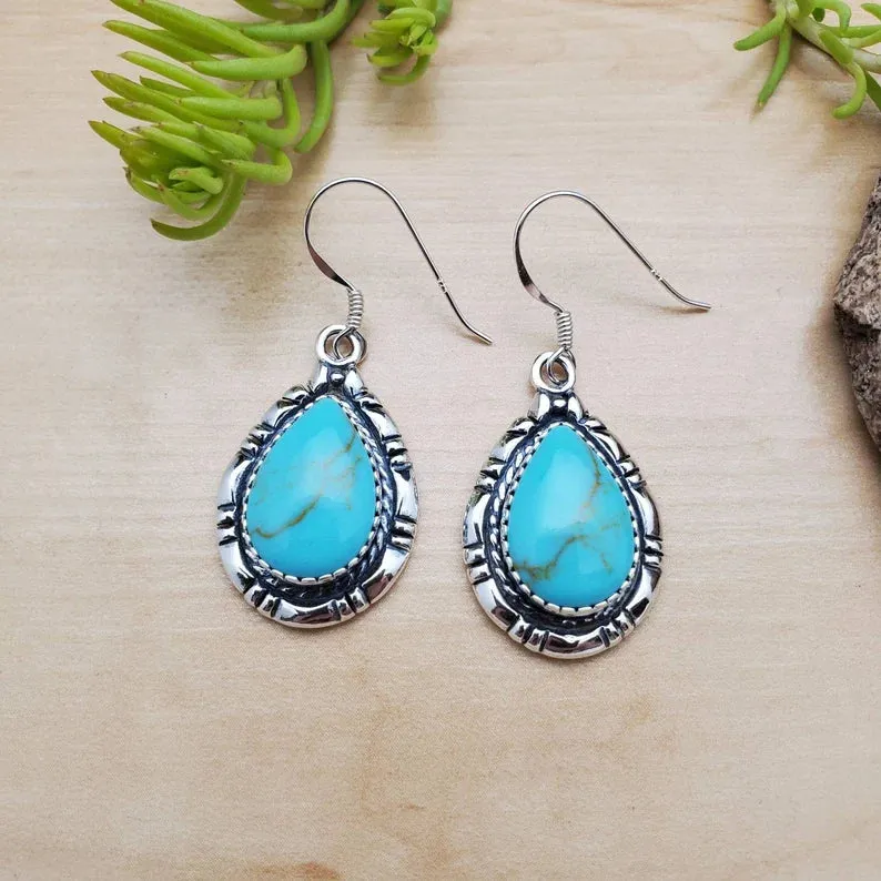 Natural Bezel Set Teardrop Turquoise Southwestern Style Earrings - 925 Sterling Silver Earrings