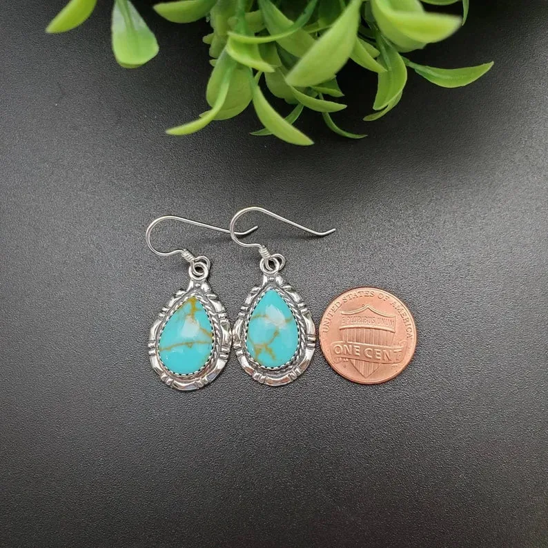 Natural Bezel Set Teardrop Turquoise Southwestern Style Earrings - 925 Sterling Silver Earrings