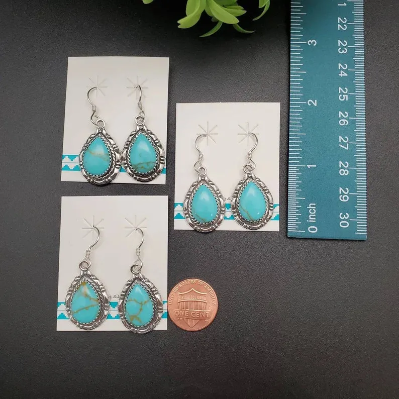 Natural Bezel Set Teardrop Turquoise Southwestern Style Earrings - 925 Sterling Silver Earrings