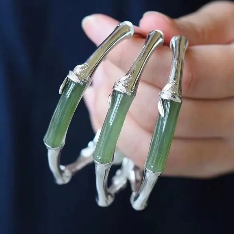 Natural Hetian Jade Bracelet S925 Sterling Ethnic Jewelry Fr Women