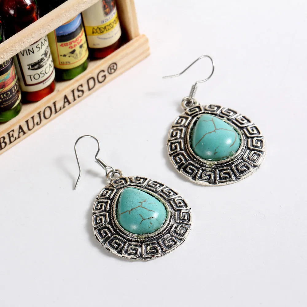 New Fashion European Bohemian Turquoise Earrings Exaggerated Carving Out Metal Big Pendant Earrings For Women