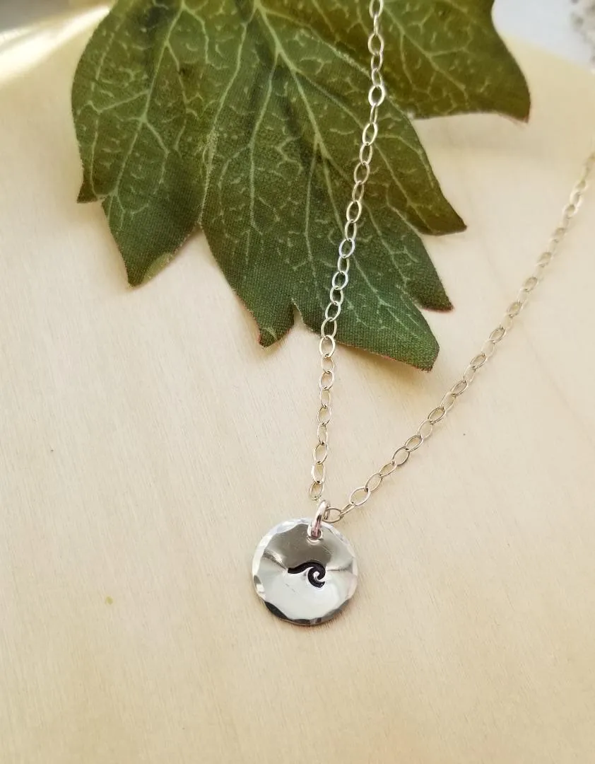 Ocean Wave Charm Necklace, Dainty Disc Necklace