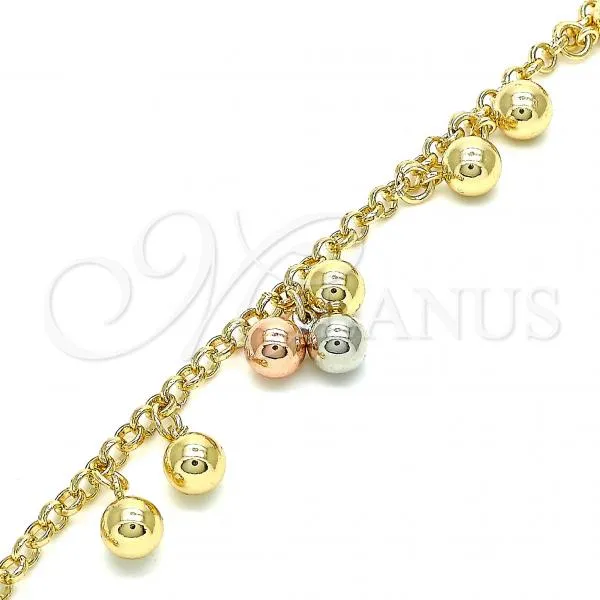 Oro Laminado Charm Anklet , Gold Filled Style Ball and Rattle Charm Design, Polished, Tricolor, 03.331.0048.09