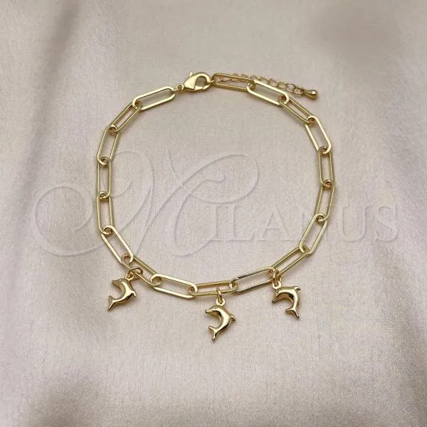 Oro Laminado Charm Anklet , Gold Filled Style Dolphin and Paperclip Design, Polished, Golden Finish, 03.63.2278.10