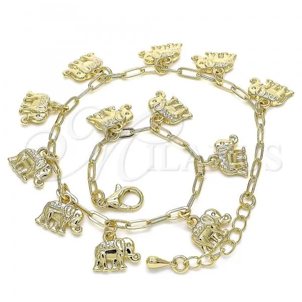 Oro Laminado Charm Anklet , Gold Filled Style Elephant and Paperclip Design, Polished, Golden Finish, 03.372.0018.10