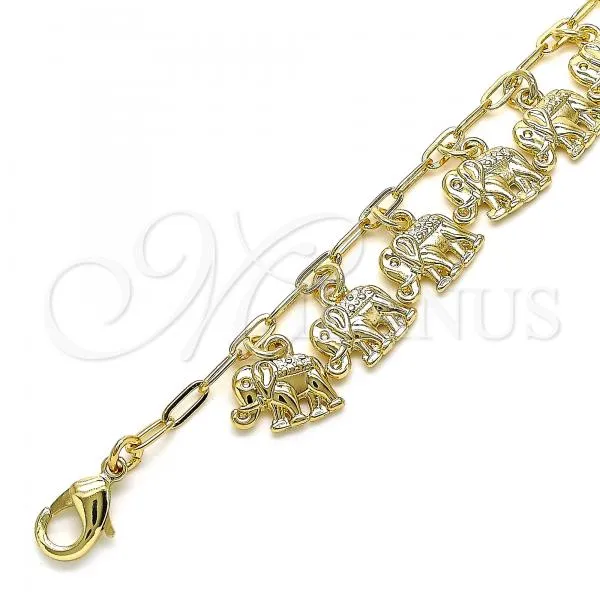 Oro Laminado Charm Anklet , Gold Filled Style Elephant and Paperclip Design, Polished, Golden Finish, 03.372.0018.10
