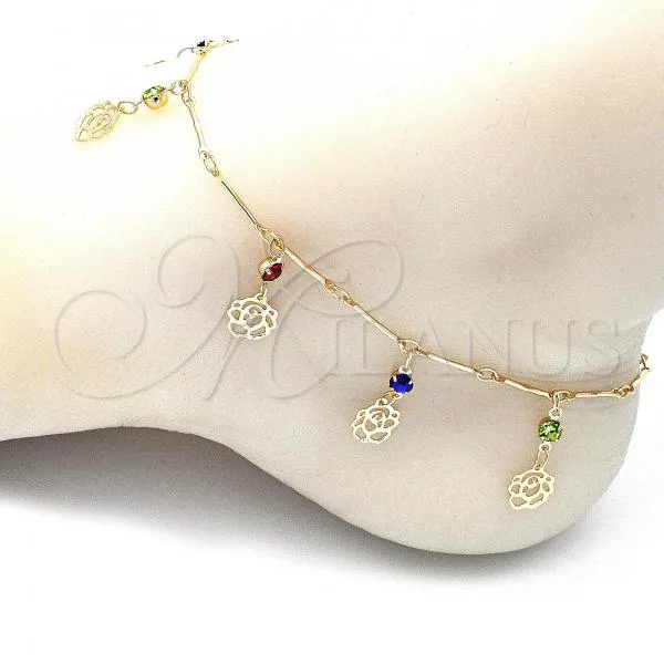 Oro Laminado Charm Anklet , Gold Filled Style Flower and Rattle Charm Design, with Multicolor Crystal, Polished, Golden Finish, 03.213.0108.1.10
