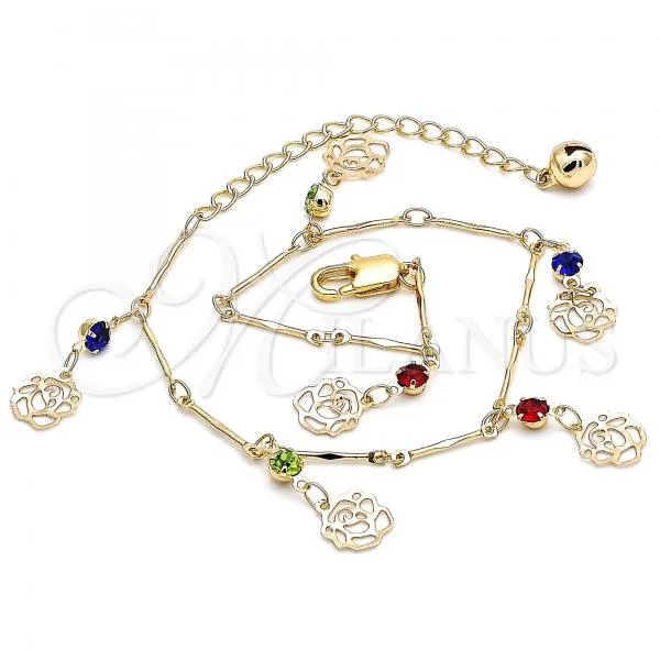 Oro Laminado Charm Anklet , Gold Filled Style Flower and Rattle Charm Design, with Multicolor Crystal, Polished, Golden Finish, 03.213.0108.1.10