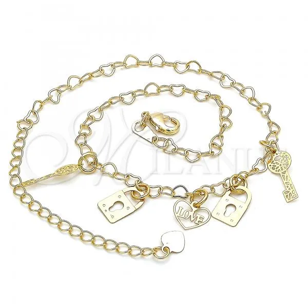 Oro Laminado Charm Anklet , Gold Filled Style Heart and Love Design, Polished, Golden Finish, 03.63.2209.10