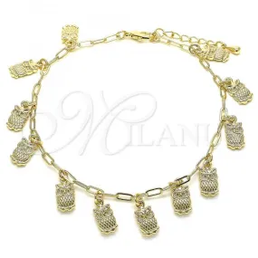 Oro Laminado Charm Anklet , Gold Filled Style Owl and Paperclip Design, Polished, Golden Finish, 03.372.0022.10