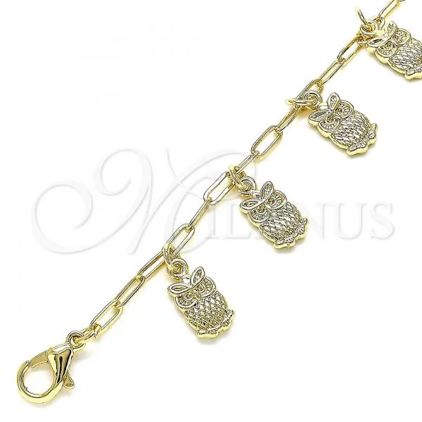 Oro Laminado Charm Anklet , Gold Filled Style Owl and Paperclip Design, Polished, Golden Finish, 03.372.0022.10
