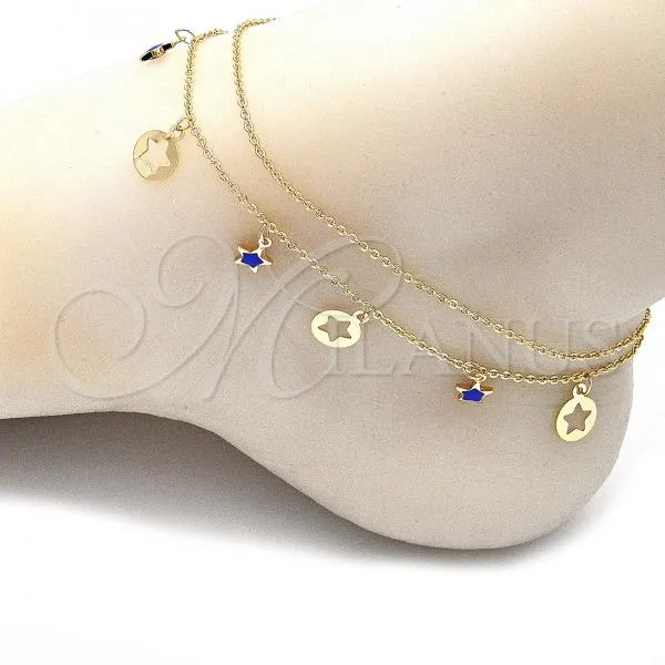 Oro Laminado Charm Anklet , Gold Filled Style Star Design, Blue Enamel Finish, Golden Finish, 03.213.0125.10
