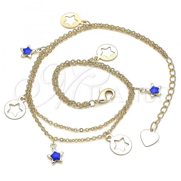 Oro Laminado Charm Anklet , Gold Filled Style Star Design, Blue Enamel Finish, Golden Finish, 03.213.0125.10