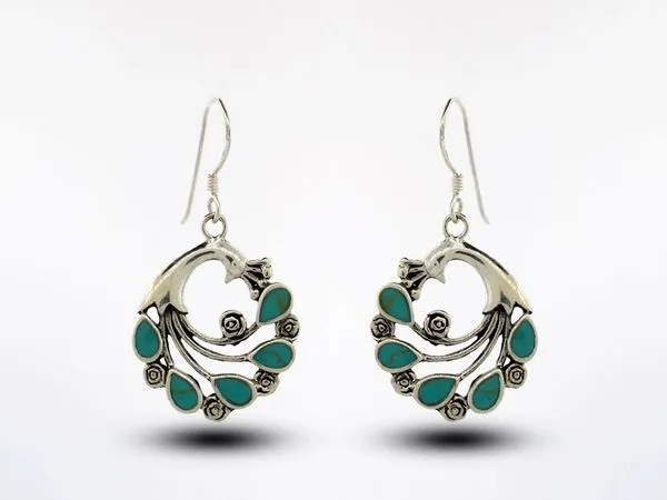 Peacock Earrings With Teardrop Shaped Turquoise Feathers