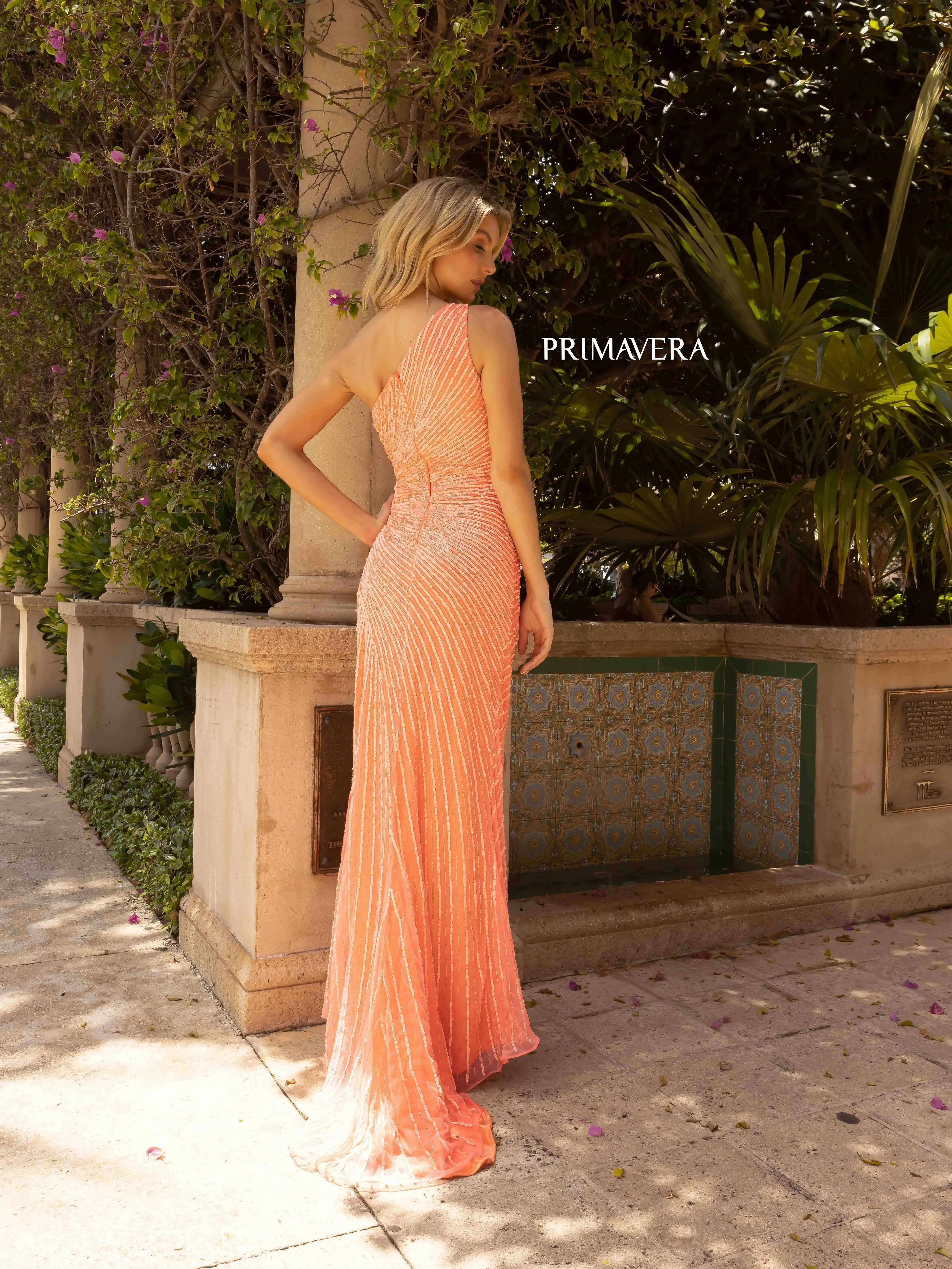 Primavera Couture 3932 Size 18 Coral Long Fitted One Shoulder Prom Dress Slit Beaded Sequin Gown
