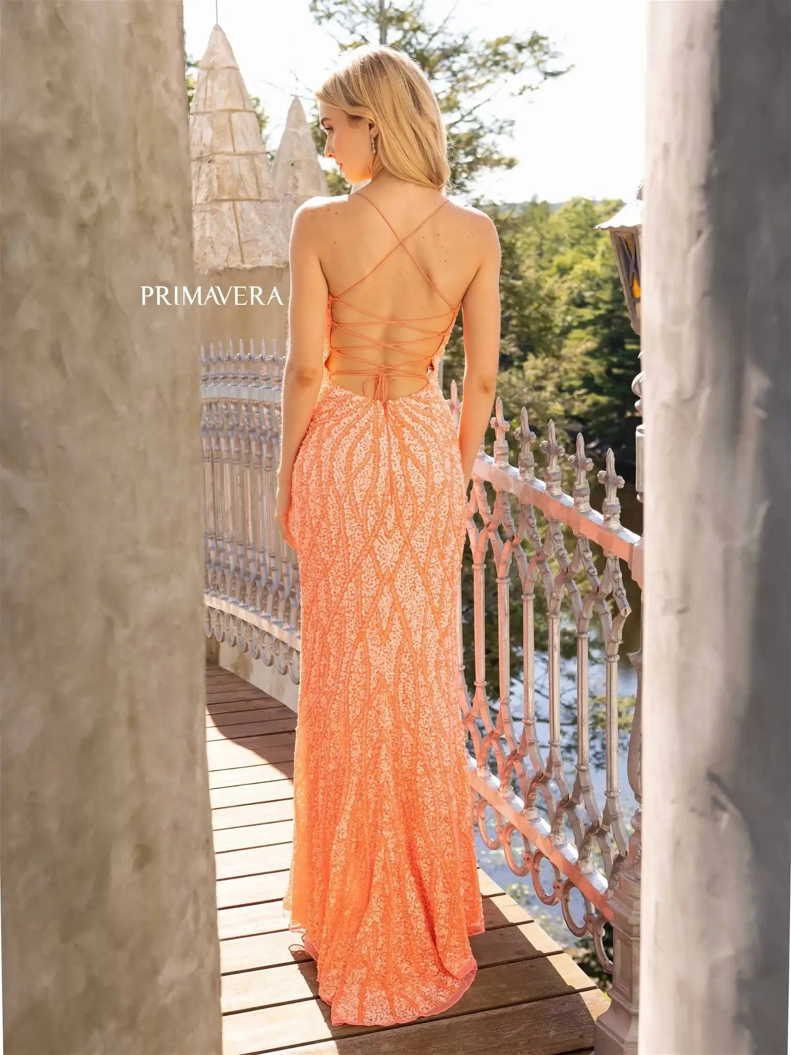 Primavera Couture 3959 Sequin Scoop neck Prom Dress Backless Corset Slit Formal Gown