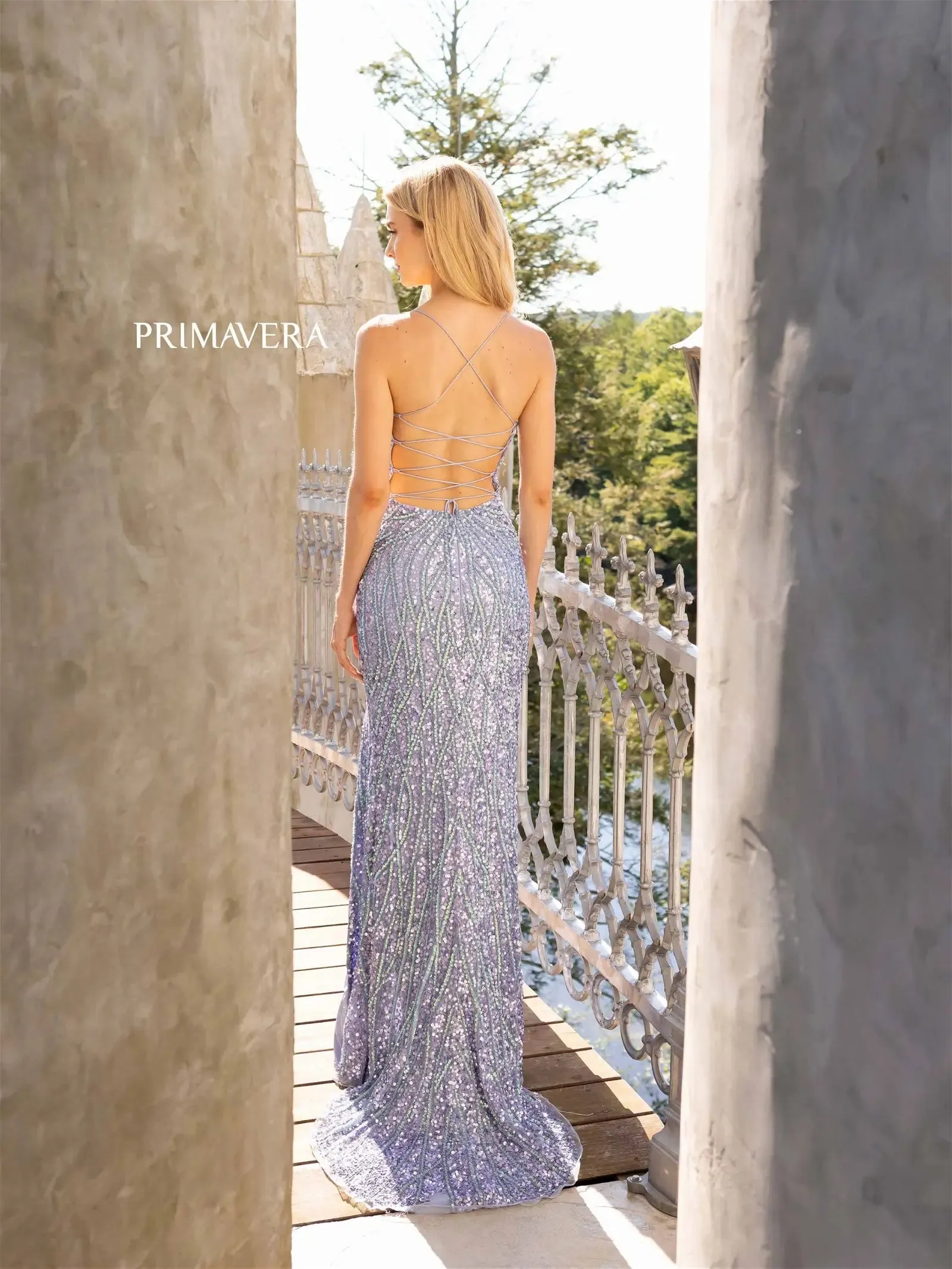 Primavera Couture 3959 Sequin Scoop neck Prom Dress Backless Corset Slit Formal Gown