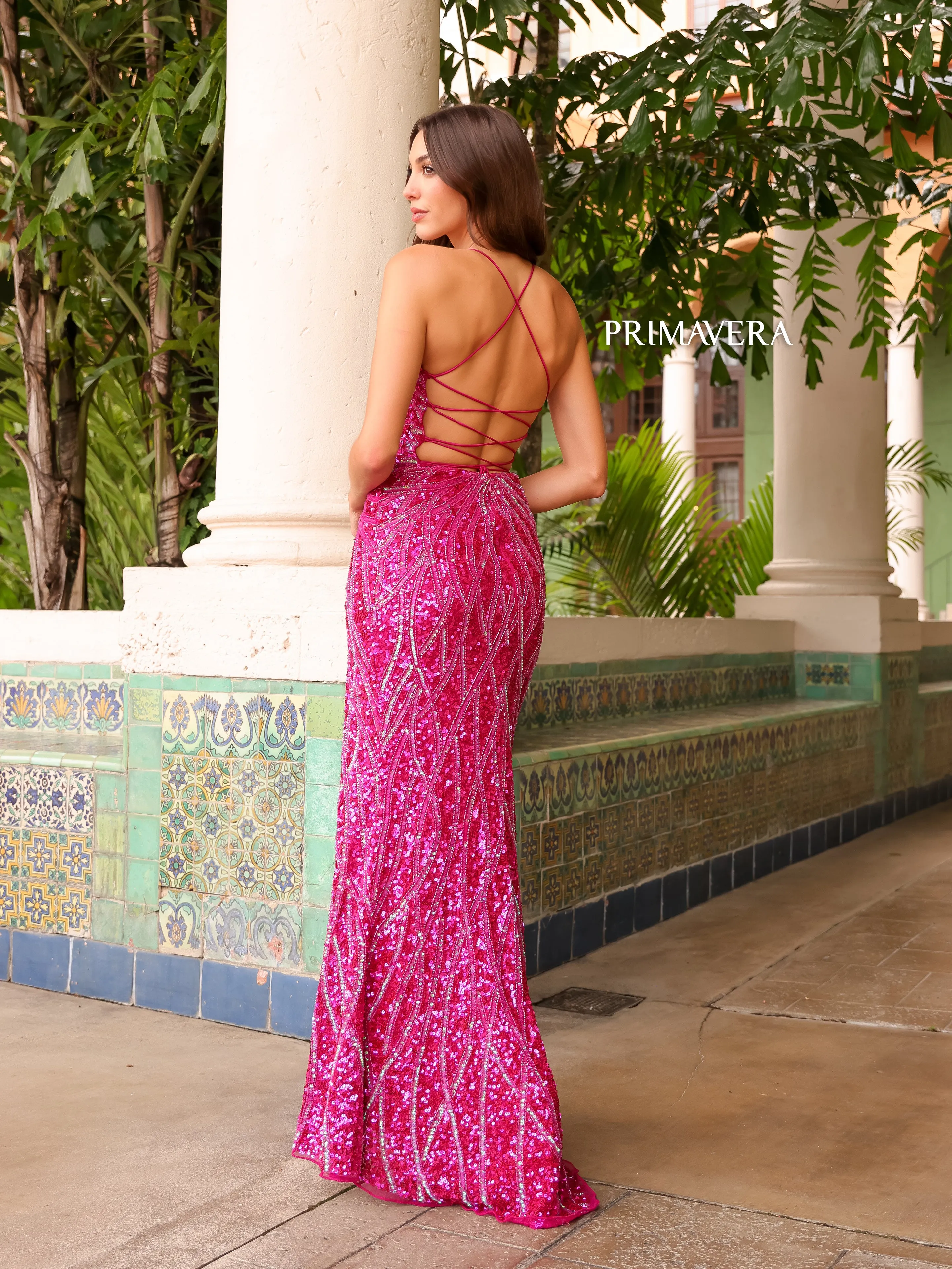 Primavera Couture 3959 Sequin Scoop neck Prom Dress Backless Corset Slit Formal Gown
