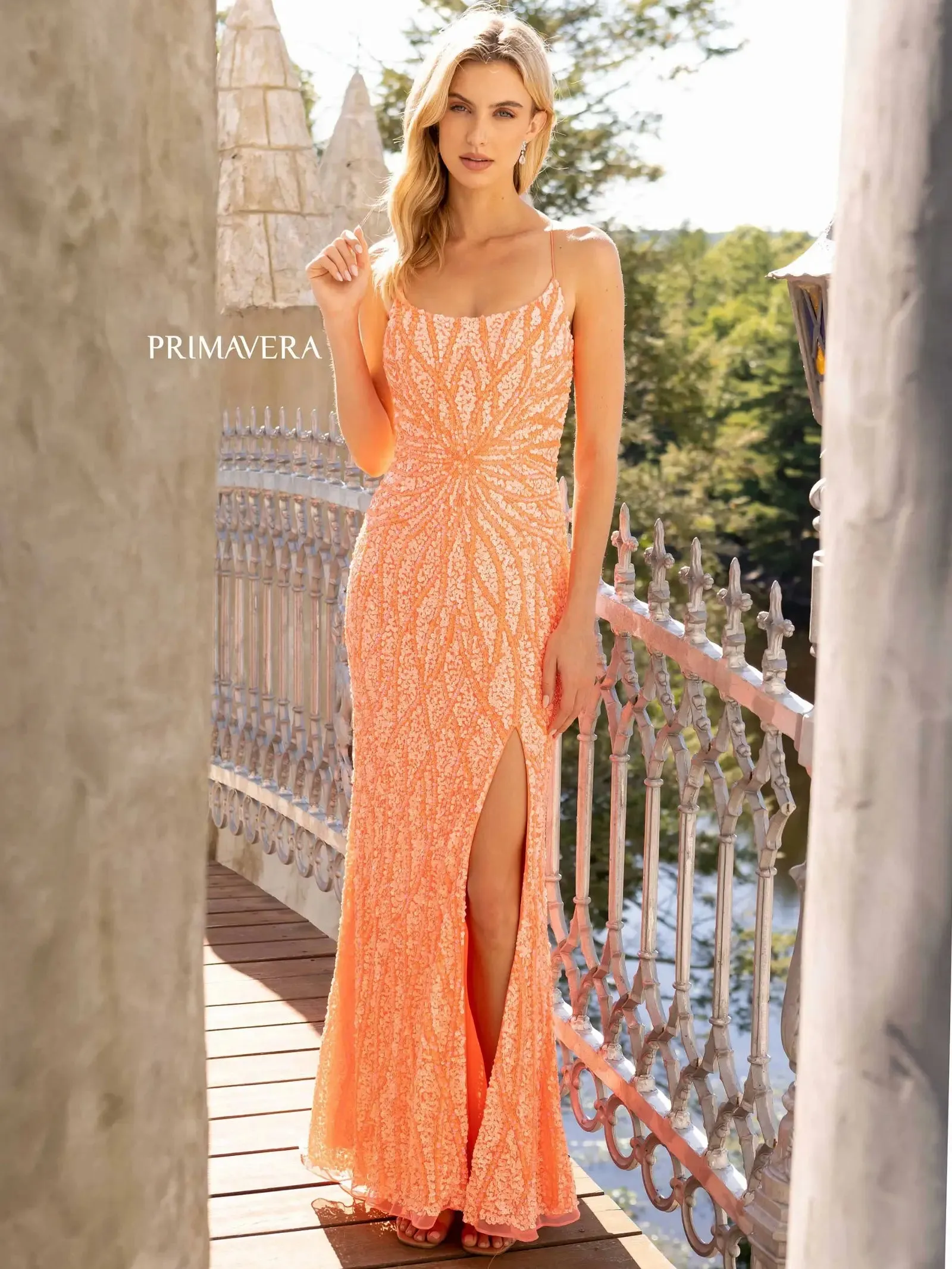 Primavera Couture 3959 Sequin Scoop neck Prom Dress Backless Corset Slit Formal Gown