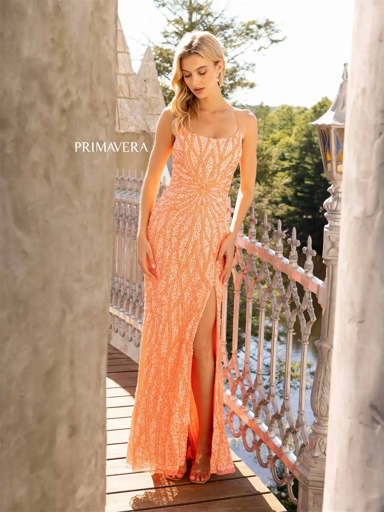 Primavera Couture 3959 Sequin Scoop neck Prom Dress Backless Corset Slit Formal Gown