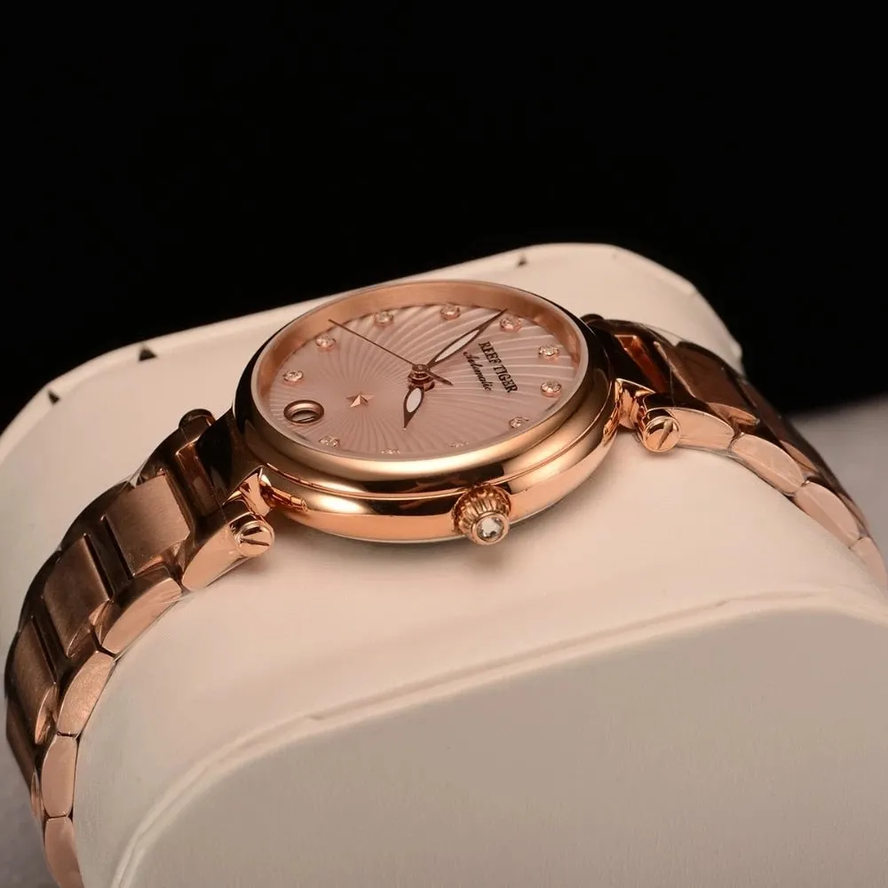 Reef Tiger/RT Top Brand Luxury Automatic Mechanical Women Watch Rose Gold Case Diamond Dial Bracelet Ladies Watches Date Clock