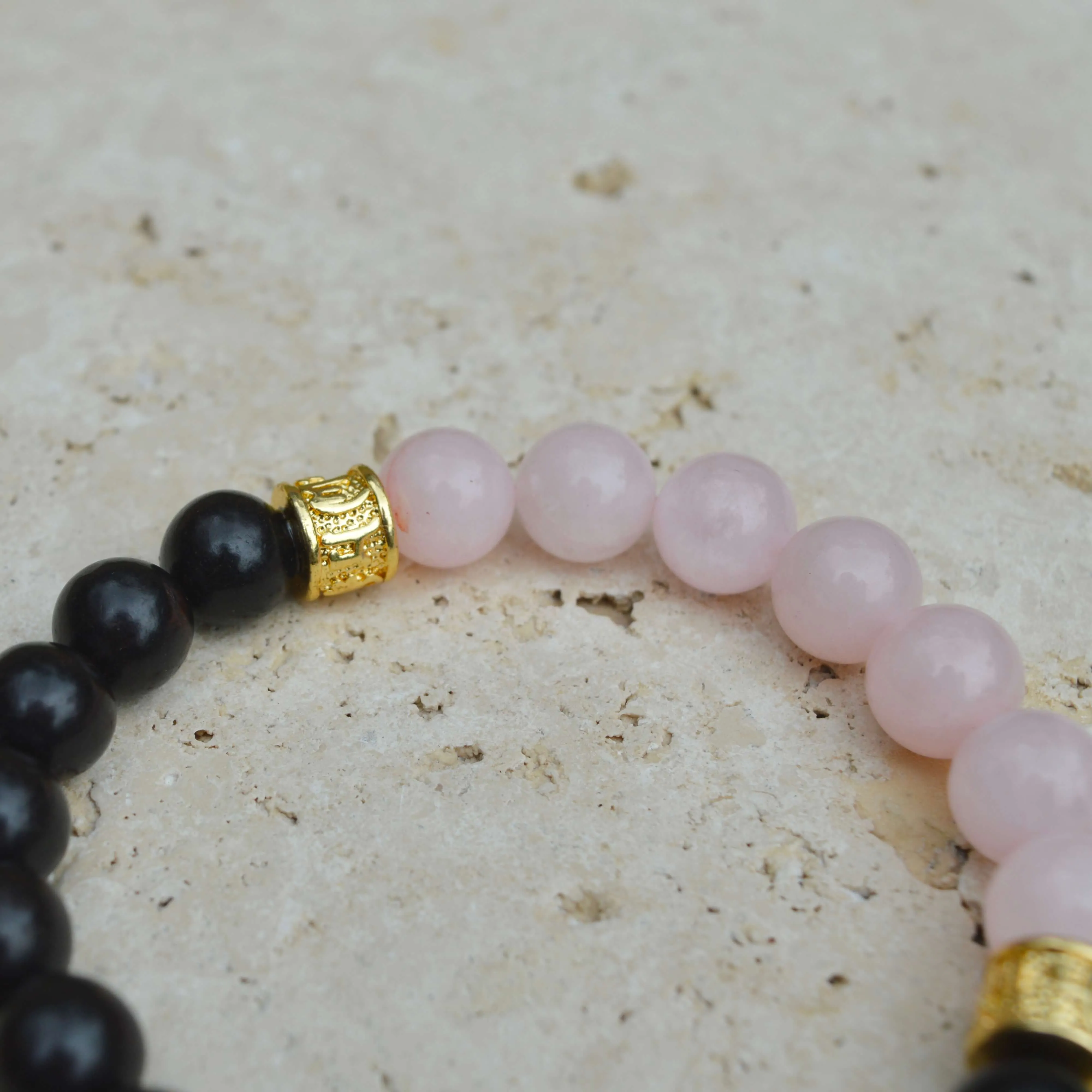 ROSE QUARTZ & EBONY WOODEN BEADED BRACELET