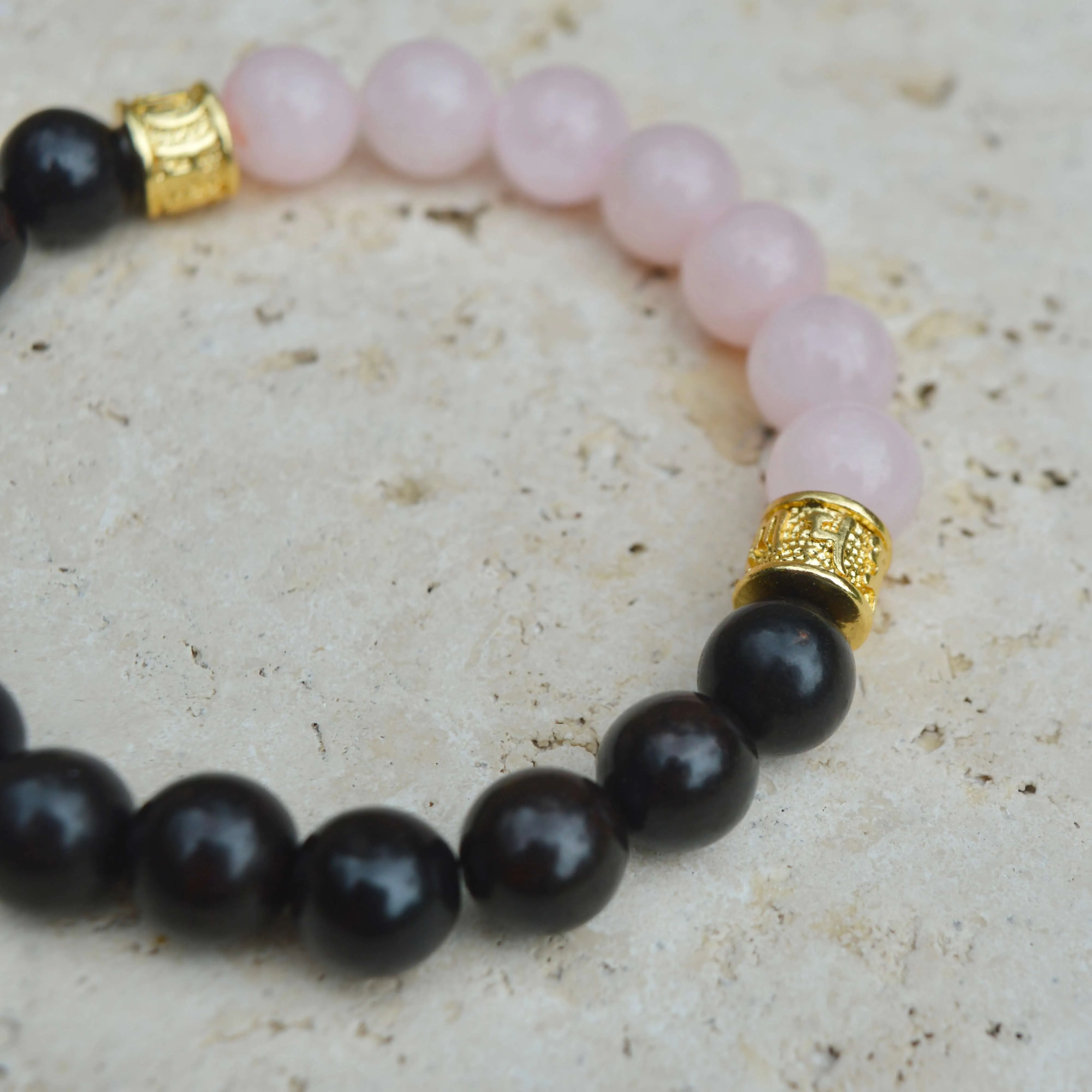 ROSE QUARTZ & EBONY WOODEN BEADED BRACELET