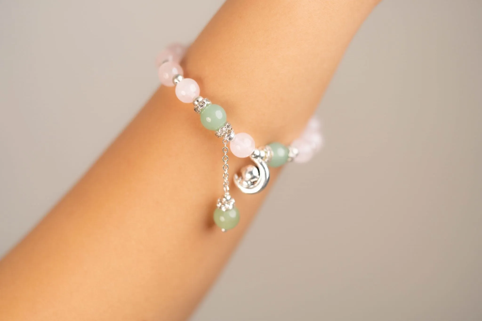 Rose Quartz, Green Aventurine With Silver Hanging Charm